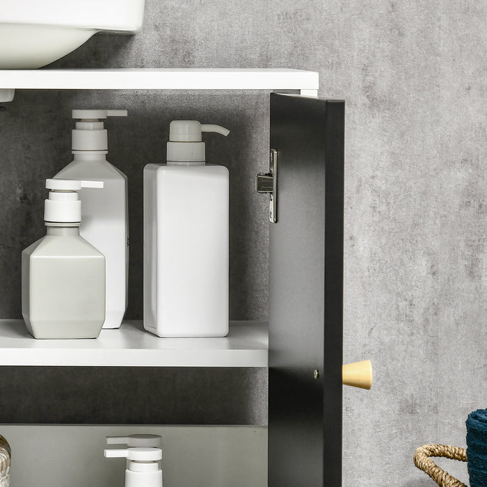 Under-Sink Cabinet with Adjustable Shelf - Modern Bathroom Storage Solution with Solid Wood Legs - Sleek Black and White Design for Home Organization