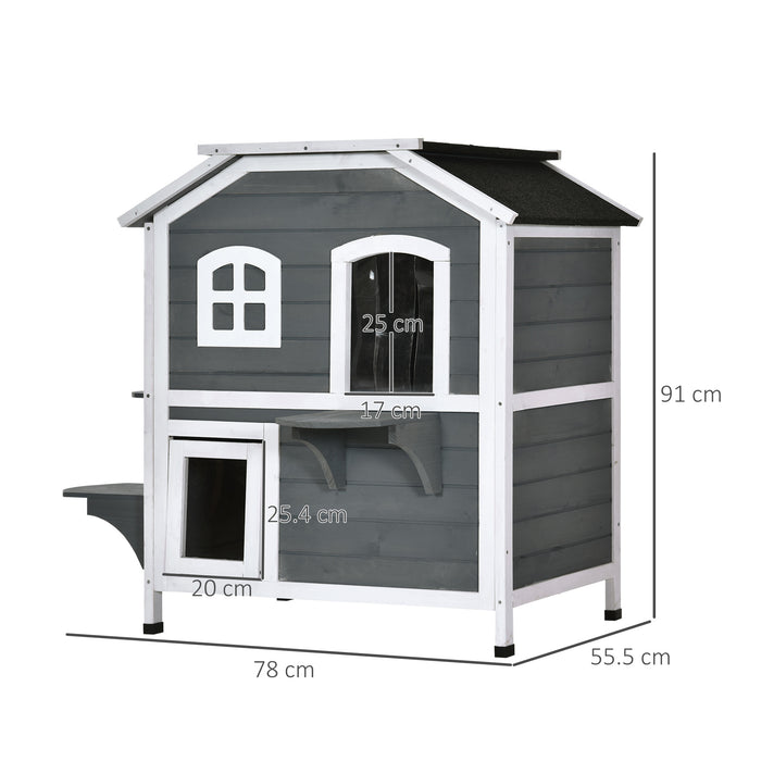 Waterproof Solid Wood Cat Condos - 2-Story Outdoor Pet House with Grey Finish - Ideal Shelter for Cats