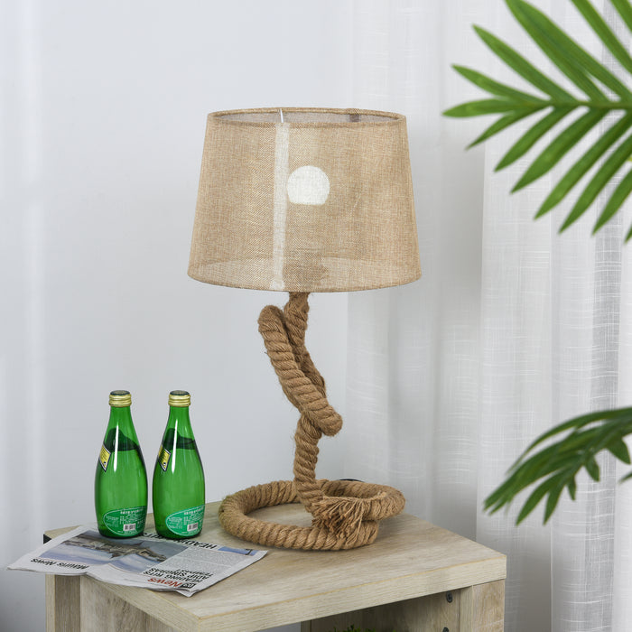 Nautical Rope-Base Table Lamp with Beige Fabric Shade - Metal Frame & Convenient Power Switch - Elegant Lighting Accent for Bedroom, Living Room, or Study
