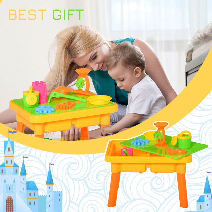 Outdoor Sand and Water Play Table Set with Lid - 2-in-1 Beach Toy Playset with Double Compartment and Accessories - Ideal for Children's Sandbox Activities and Creative Play