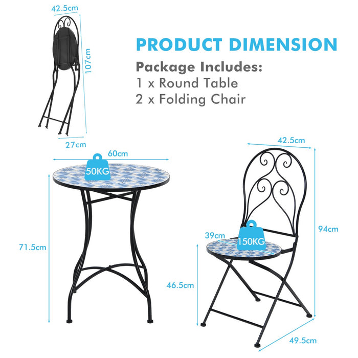Mosaic Design 3-Piece Set - Outdoor Patio Bistro Furniture with Folding Chairs - Perfect for Relaxing in Garden or Balcony