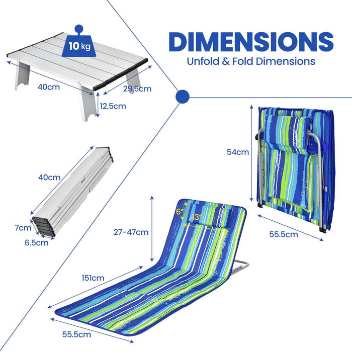 3-Piece Outdoor Beach Set by Unbranded - Blue Mat, 2 Lounge Chairs and Side Table - Ideal for Beach Relaxation and Outdoor Fun