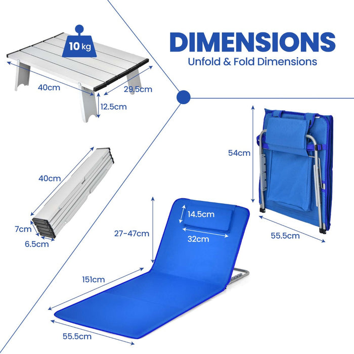3-Piece Outdoor Beach Set by Unbranded - Blue Mat, 2 Lounge Chairs and Side Table - Ideal for Beach Relaxation and Outdoor Fun
