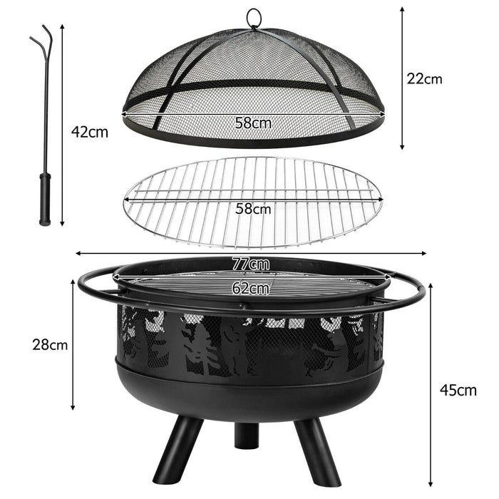 Large Fire Pit Bowl 77CM - With Cooking Grill and Spark Screen Cover - Ideal for Outdoor Barbecues and Campfires
