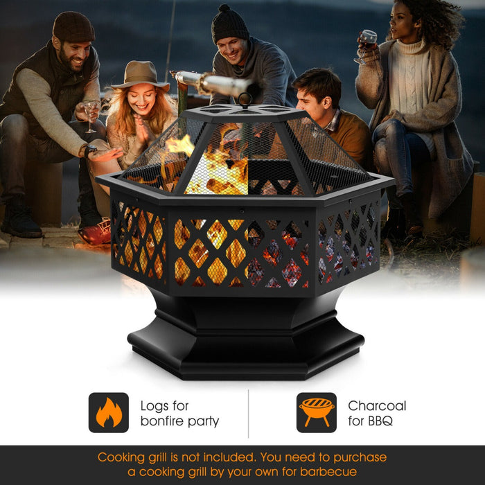 Hexagon Charcoal Metal Fire Pit - Feature-Rich Patio Accessory with Fire Poker - Ideal Outdoor Heat Source for Patio-Black
