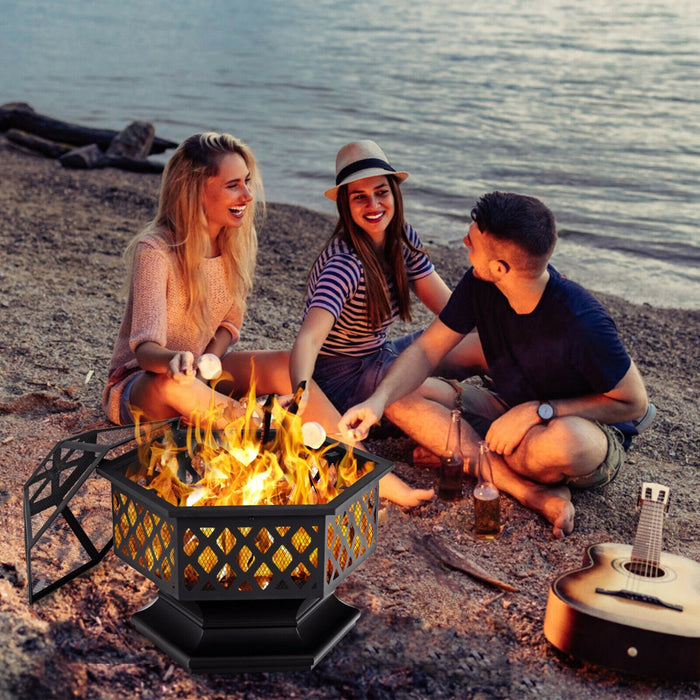 Hexagon Charcoal Metal Fire Pit - Feature-Rich Patio Accessory with Fire Poker - Ideal Outdoor Heat Source for Patio-Black