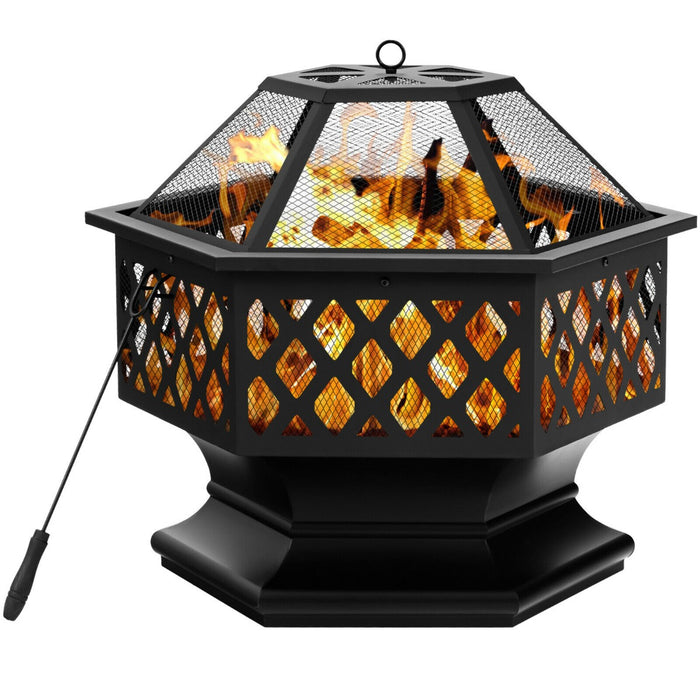 Hexagon Charcoal Metal Fire Pit - Feature-Rich Patio Accessory with Fire Poker - Ideal Outdoor Heat Source for Patio-Black
