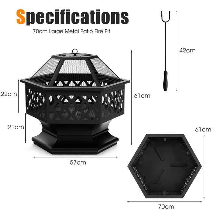 Hexagon Charcoal Metal Fire Pit - Feature-Rich Patio Accessory with Fire Poker - Ideal Outdoor Heat Source for Patio-Black