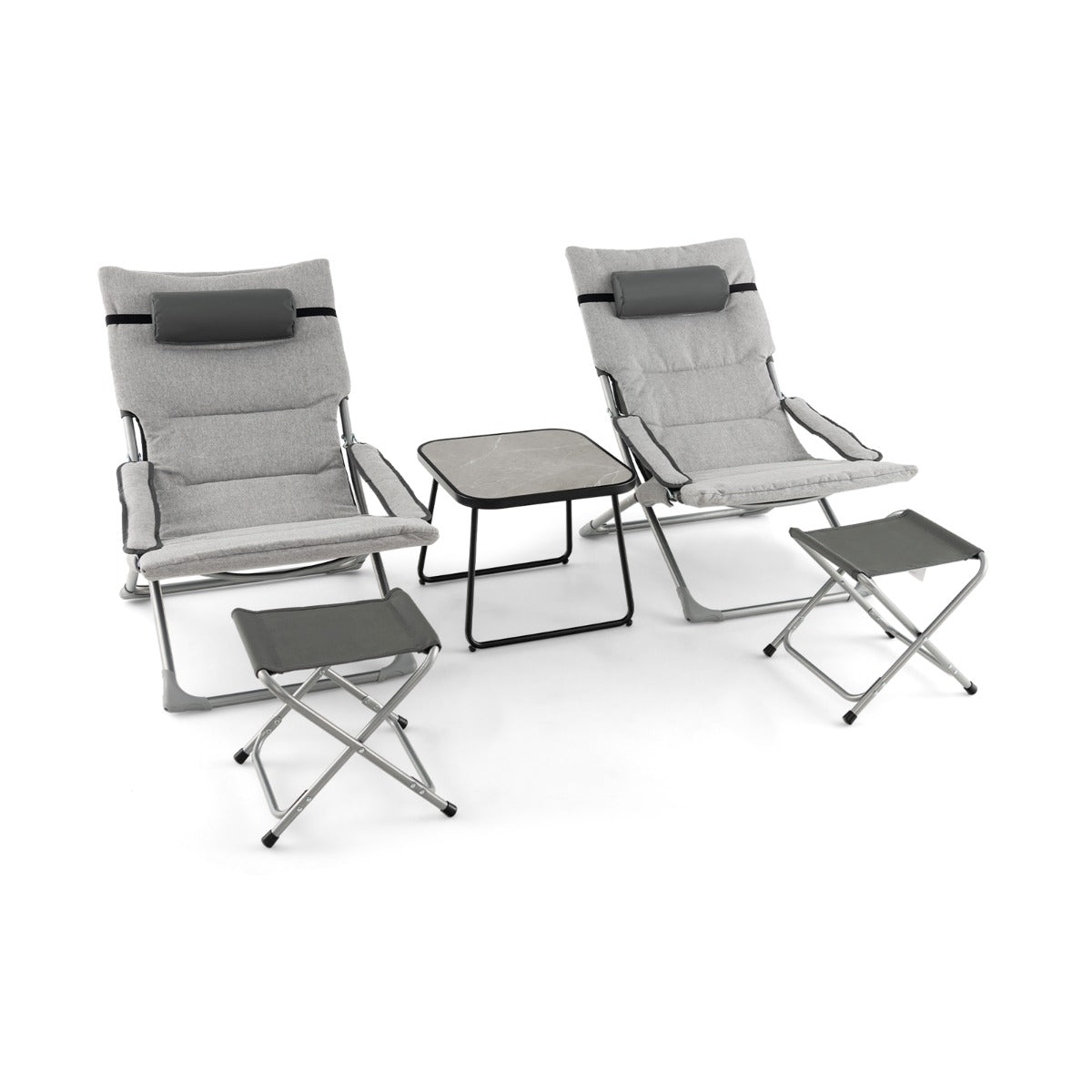 5 Piece Outdoor Furniture Set - Patio Sling Chairs, Ottoman, and Coffee Table in Grey - Ideal for Summertime Relaxation and Entertaining Guests