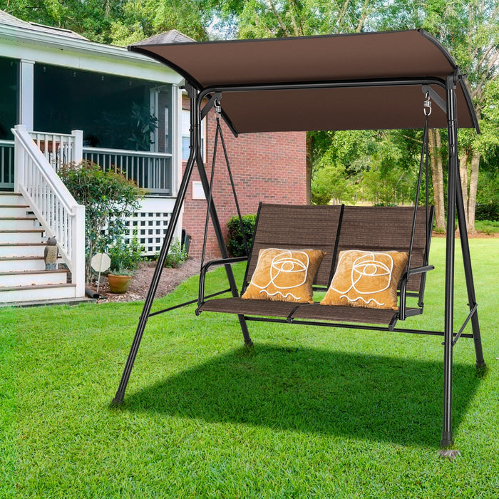 Outdoor 2-Seat Porch Swing - Includes Spring Hook and Comfy Cushions in Brown - Perfect for Backyard, Patio, and Deck Relaxation