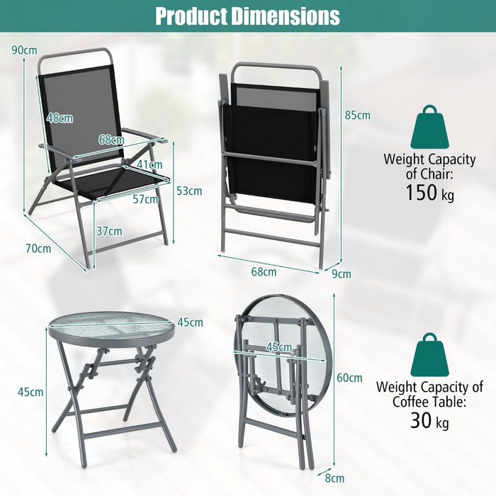 3-Piece Foldable Patio Bistro Set - Includes Glass Tabletop - Perfect for Outdoor Dining and Entertaining