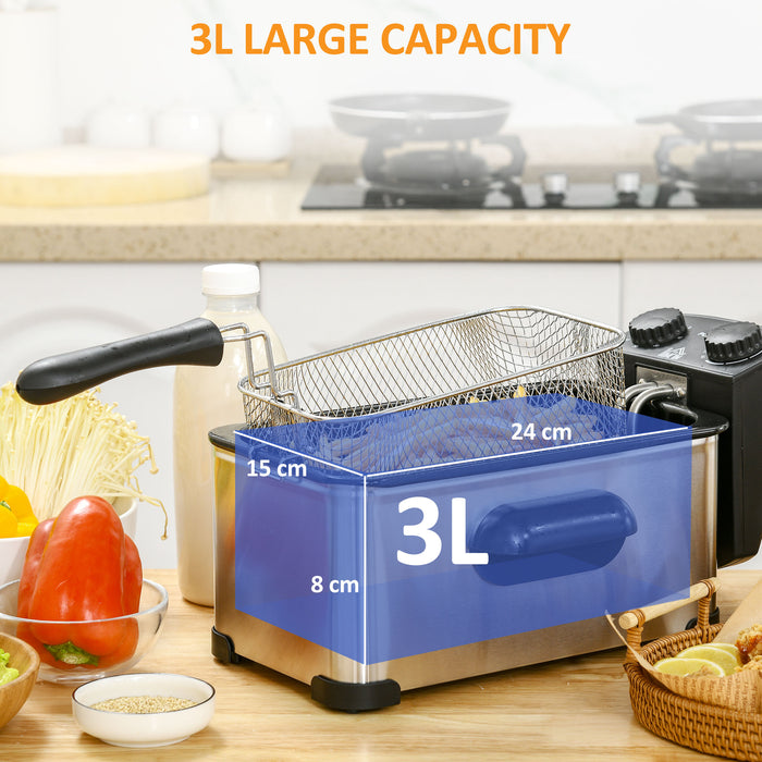 2000W Stainless Steel Deep Fat Fryer - 3L Capacity with Adjustable Temperature, 60-Min Timer & Viewing Window - Ideal for Homemade Crispy Foods with Safety Cut-Out Feature
