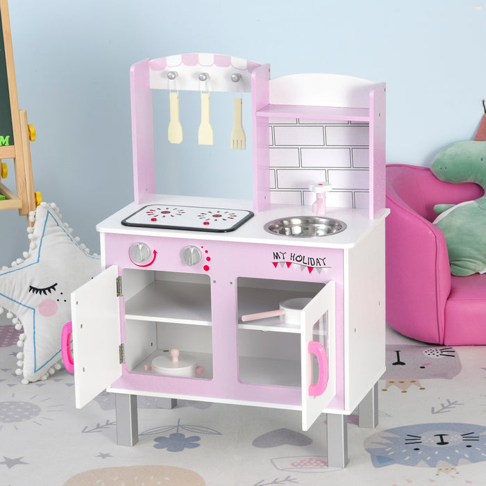 Wooden Kids Play Kitchen Set with Cooking Sounds - Complete Pretend Playset with Utensils, Pans, and Storage - Ideal for Children's Role Play and Learning, Age 3+, in Pink