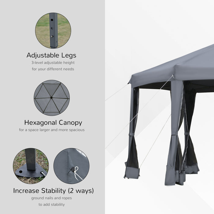 3.2m Canopy Rentals Hexagonal Pop Up Gazebo - Outdoor Canopy Tent with Sun Protection and Mesh Sidewalls, Includes Handy Carry Bag - Ideal for Parties, Events, and Garden Shade in Grey