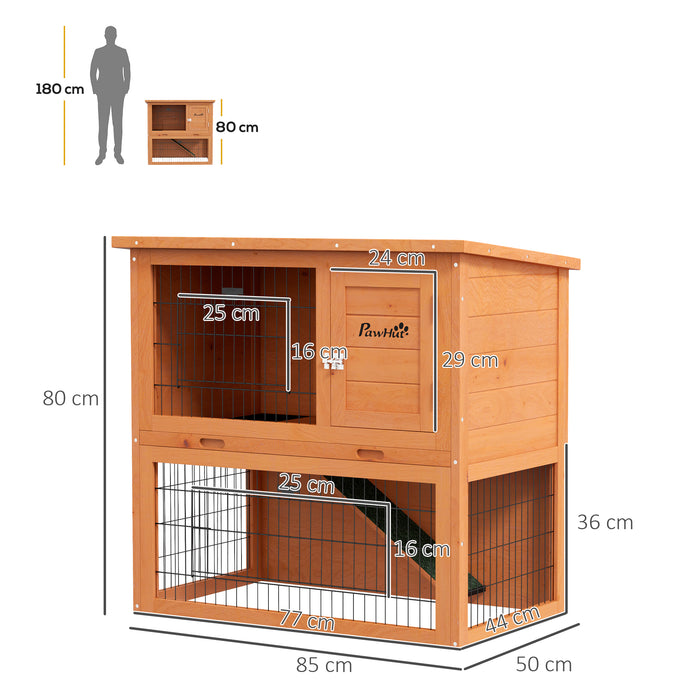 Two-Tier Antiseptic Wood Rabbit Hutch - Spacious 80cm Guinea Pig Habitat with Enclosed Run, Orange Finish - Ideal for Small Pet Safety and Comfort