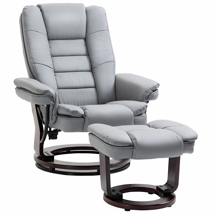 PU Leather Manual Recliner with Footrest - Swivel Lounge Chair with Wooden Base, Comfortable Armchair in Grey - Ideal for Relaxation and Home Leisure