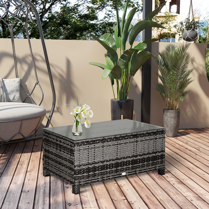 Rattan Wicker Coffee Table - Patio Garden Furniture with Tempered Glass Top, Mixed Grey Finish - Ideal for Outdoor and Indoor Use