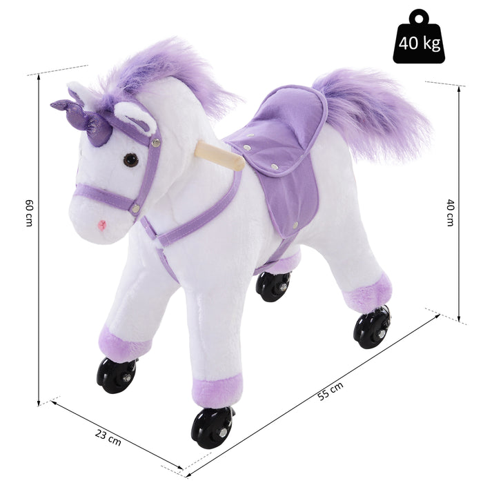 Sit-On Unicorn Horse with Neigh Sound Button - Plush Toy with Safe Seat and Handlebar on a Durable Wood Frame - Ideal for Kids' Imaginative Play