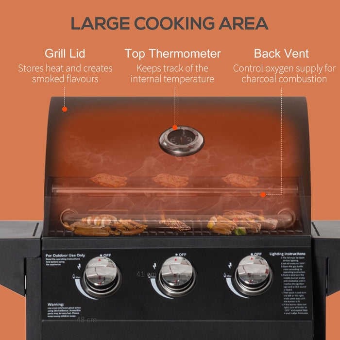 3 Burner Gas BBQ Grill - Portable Outdoor Barbecue with Warming Rack, Side Shelves, Storage Cabinet & Built-In Thermometer - Ideal for Patio Cooking & Entertaining