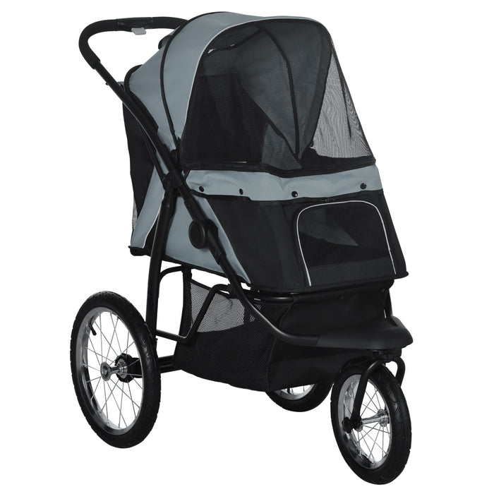 Foldable Pet Jogger Stroller - Medium & Small Dog Stroller with Adjustable Canopy and 3 Large Wheels, Grey - Convenient Cat Pram for Outdoor Activities