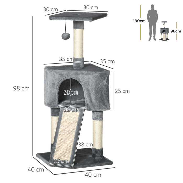 3-Tier Cat Scratching Post with Sisal Rope - Includes Hanging Play Toy, Grey - Ideal for Claw Maintenance & Playful Kittens