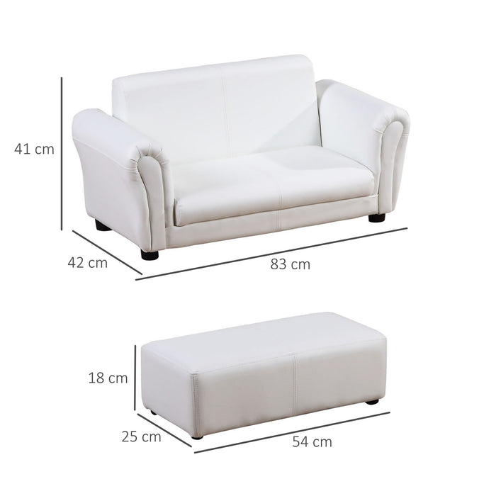 Kids Twin Sofa with Footstool - 2-Seater Toddler Chair for Children, Double Seat Armchair, Boys and Girls Lounge Furniture - White Couch Perfect for Sibling Sharing and Playrooms