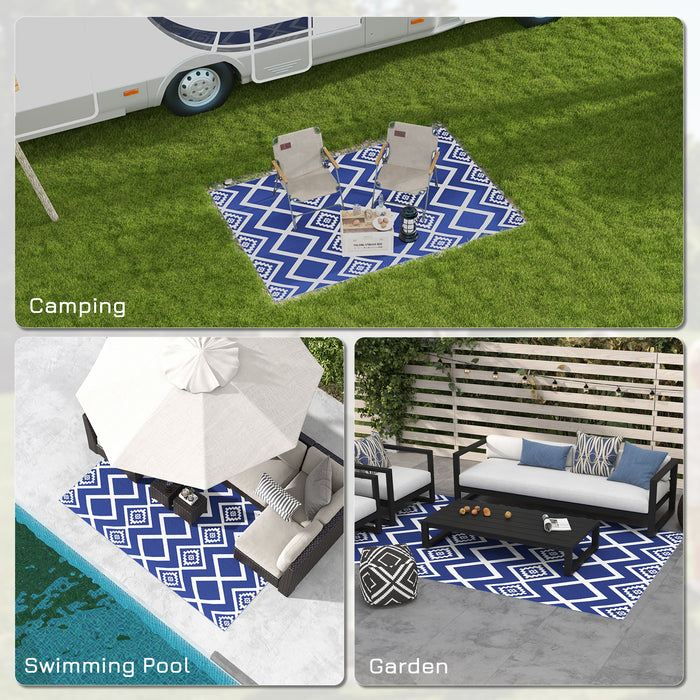Reversible Plastic Straw RV Mat - Weatherproof Outdoor Carpet with Carry Bag in Blue and White, 182 x 274cm - Ideal for Campers and Patio Use