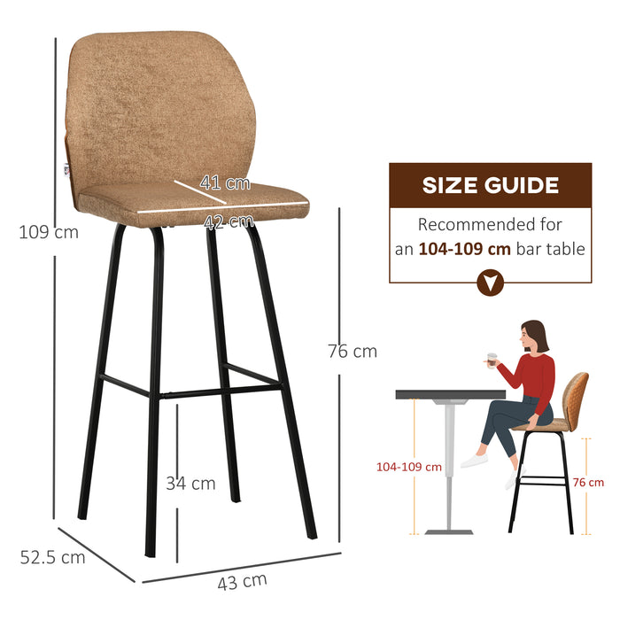 Linen-Touch Upholstered Bar Chairs Set of 2 - Kitchen Bar Stools with Backs and Sturdy Steel Legs in Light Brown - Ideal for Home Bar and Kitchen Island Seating