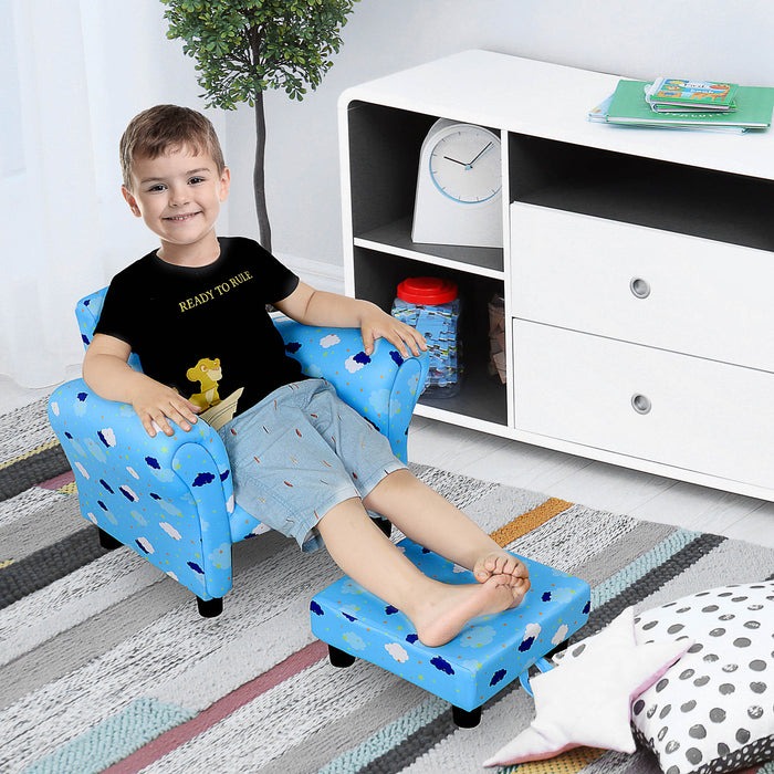 Kids' Mini Couch with Footrest - Sturdy Wooden Frame & Anti-Slip Legs, High Back, Armrests - Adorable Cloud and Star Design for Bedroom or Playroom
