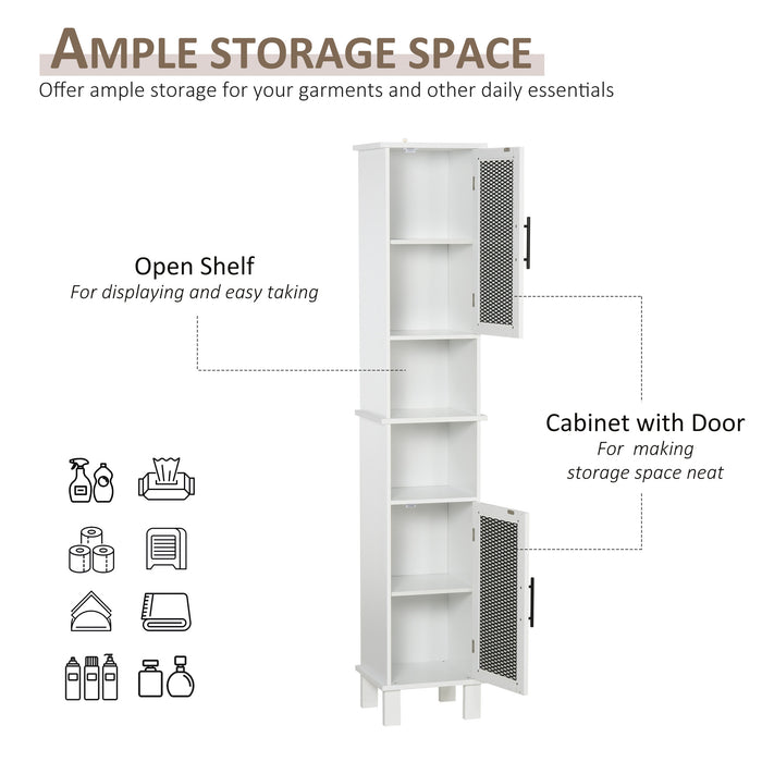 6-Tier Retro Bathroom Cabinet with Patterned Glass Doors - Anti-Tilt Design, Melamine Finish, Freestanding Storage - Chic Monochrome Tall Tower for Bathroom Organization