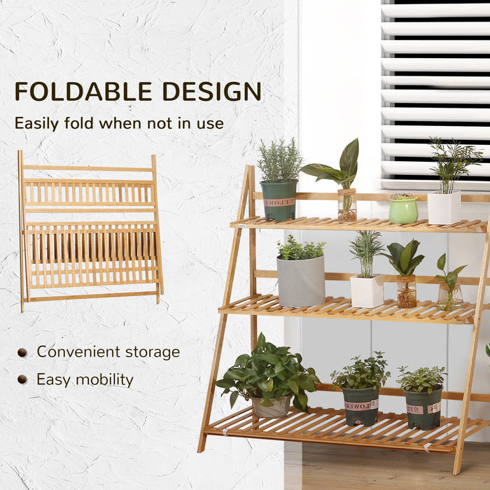 3-Tier Bamboo Plant Stand - Folding Shelf Rack for Home & Garden Display, 98x37x96.5cm - Ideal for Organizing Potted Plants, Natural Finish