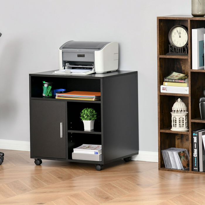 Mobile Rolling Printer Stand with Multiple Storage Shelves - Modern Office Side Desk Organizer, 60x50x65.5 cm, Black - Ideal for Workspace Organization and Mobility