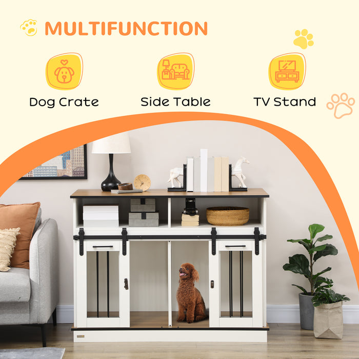 Multi-Functional Dog Crate End Table - Spacious Pet Cage with Adjustable Divider, Storage Shelves & Sliding Doors - Ideal for Small to Large Breeds, Home Decor Integration, White, 120x60x88.5 cm