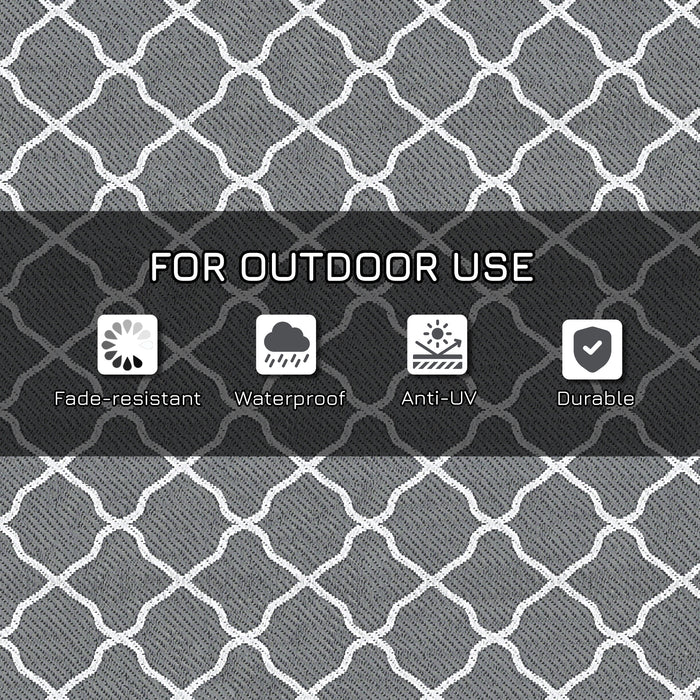 Reversible Outdoor Rug with Accessories - Waterproof Plastic Straw Mat, Carry Bag & Ground Stakes for Backyard, Deck, RV, Picnic, Camping - Ideal for Outdoor Activities & Travel in Grey & White