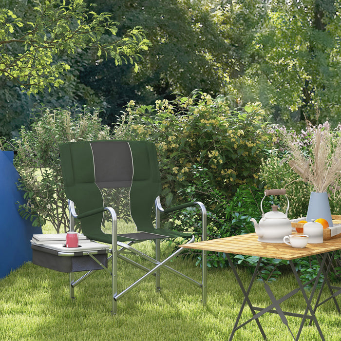 Aluminium Directors Chair with Features - Folding Camping Chair with Side Table, Cup Holder, Cooler Bag, Pocket - Portable Outdoor Seating Solution for Adults, Green