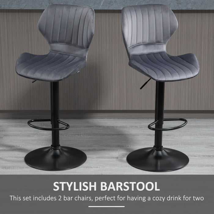 Velvet-Touch Fabric Swivel Bar Stools - Set of 2 Adjustable Height Counter Chairs with Footrest, Grey - Ideal for Home Bar or Kitchen Island Seating