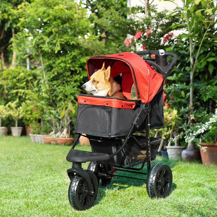 Oxford Cloth Pet Stroller - 3-Wheel Folding Dog Trolley in Red/Black - Convenient Pet Transport for Walks and Travel