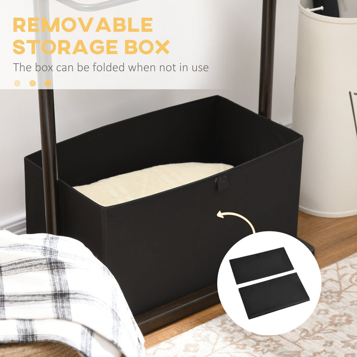 Bamboo Clothes Rail with Coat Stand - Garment Rack with Open Shelves & Storage Box, Dark Walnut - Ideal for Bedroom & Hallway Organization