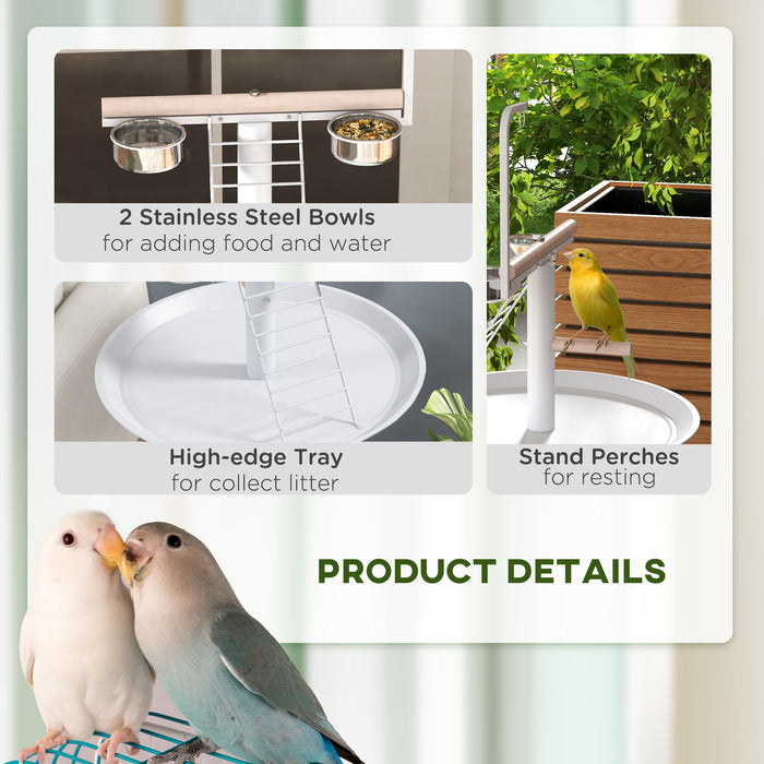 Adjustable Rolling Bird Stand - Includes Perches, Stainless Steel Feed Bowls, Round Tray - Ideal for Garden, Indoor, and Outdoor Use - White