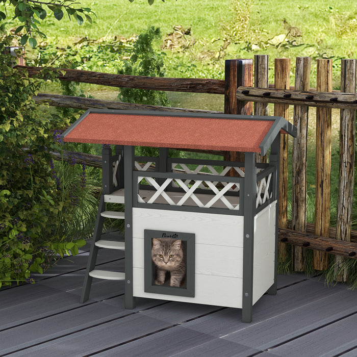 Outdoor Cat Shelter with Balcony and Stairs - Weatherproof Wooden Design, Rooftop, 77 x 50 x 73 cm, White - Ideal for Feline Outdoor Safety and Comfort