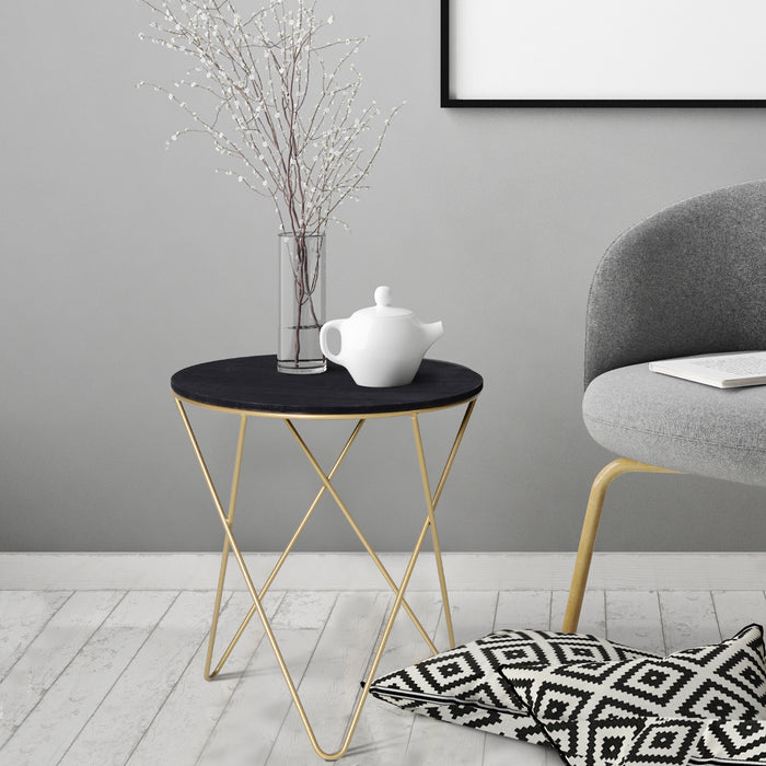 Modern Round Wooden and Metal Coffee Table - Black and Gold Sofa End, Bedside Table for Living Room Decor, Φ43cm - Chic Accent Furniture for Contemporary Home Styling