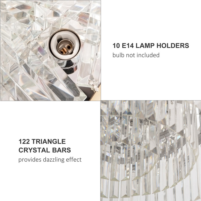 Elegant Crystal Chandelier - Modern 10-Light Flush Mount Ceiling Fixture with Stainless Steel Base - Ideal for Living Rooms, Hallways, and Bars