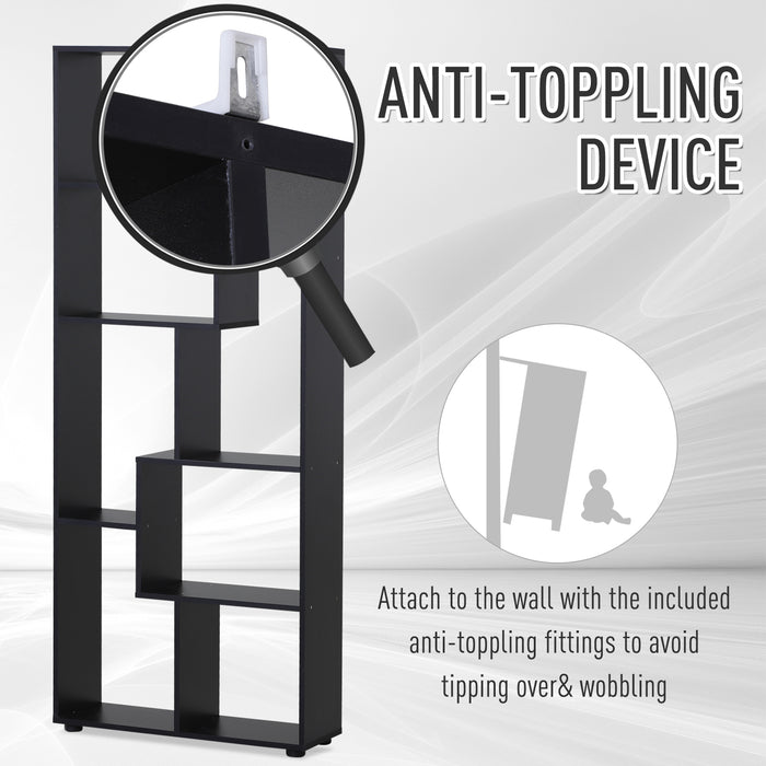 Freestanding 8-Tier Bookcase with Melamine Surface - Modern Black Home Display Storage Unit with Anti-Tipping Foot Pads - Ideal for Organized Book Lovers and Display Enthusiasts