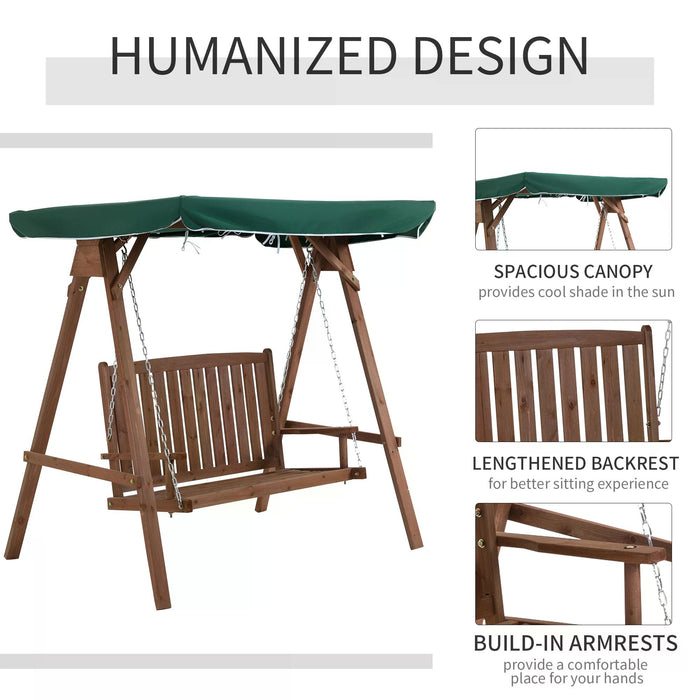 Fir Wood 2-Person Patio Swing Chair with Canopy - Sturdy Garden Loveseat Swing, Weather-Resistant Green Top - Ideal for Porch & Backyard Relaxation