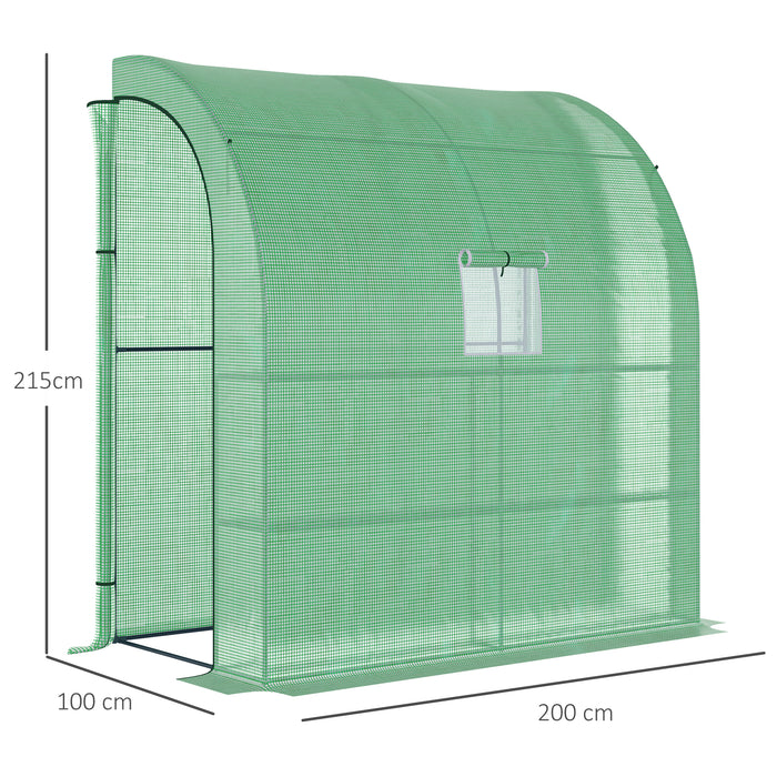 Lean-To Garden Greenhouse with Doors and Windows - 2-Tier Shelving, 4 Wired Racks, 200x100x215cm, Green - Ideal for Urban Gardeners and Small Spaces