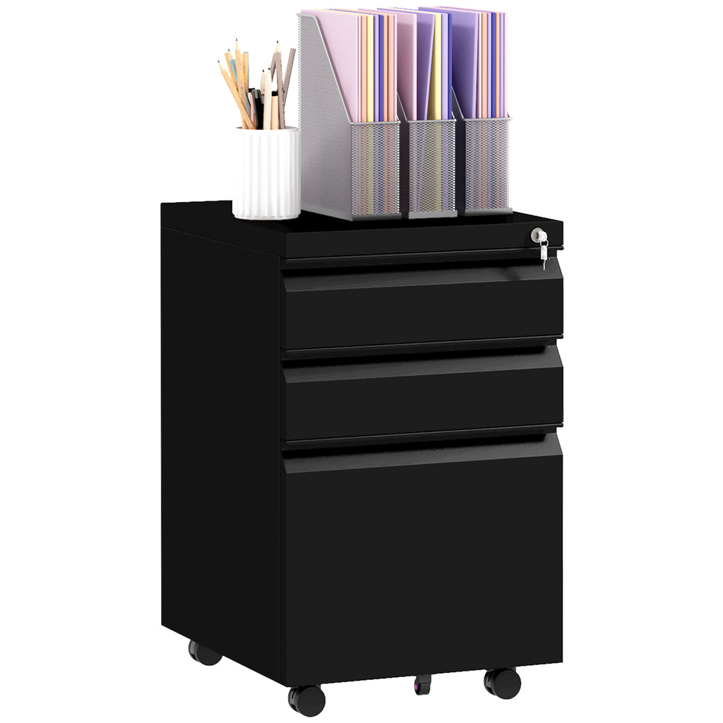 Mobile 3-Drawer Filing Cabinet with Wheels - Steel Construction, Lockable Drawers, Pencil Tray, Adjustable Hanging Bar for A4/Legal Documents - Ideal for Home Office Organization