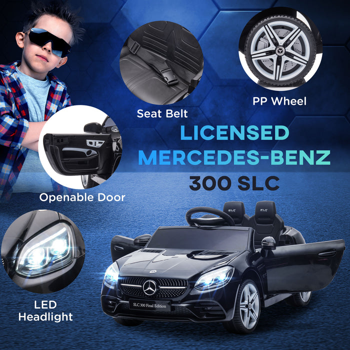 Mercedes Benz SLC 300 Electric Ride-On Car - 12V Dual Motor with Parental Remote, Music, Lights, and Suspension - Ideal for Children 3-6 Years, Sleek Black Design