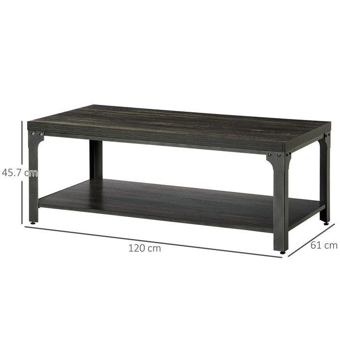 Dark Walnut Rustic Coffee Table with Thickened Top - Living Room Cocktail Table with Storage Shelf and Steel Frame - Elegant and Durable Furniture for Home Comfort