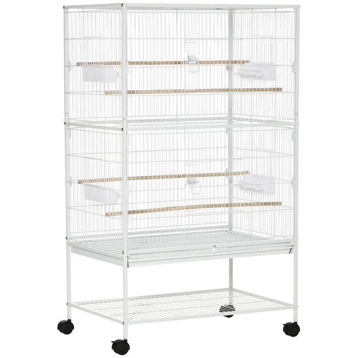 Large Aviary Bird Cage with Rolling Stand - Ideal Habitat for Finches, Canaries, Budgies - Includes Slide-Out Cleaning Tray, Storage Shelf, Wooden Perches & Food Containers