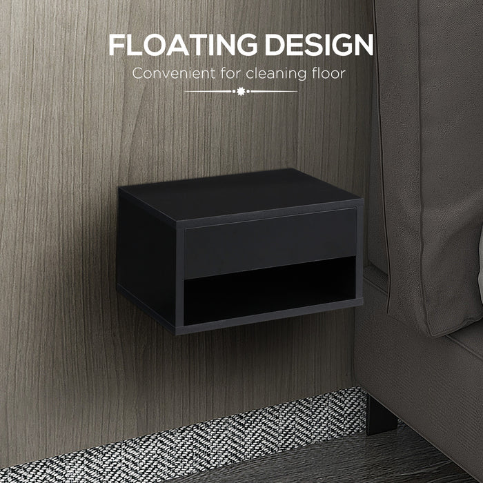 Wall Mounted Nightstand with Drawer - 2 Pieces Space-Saving Bedside Table, 37x32x21cm, High Gloss Black - Ideal for Bedroom Organization and Style